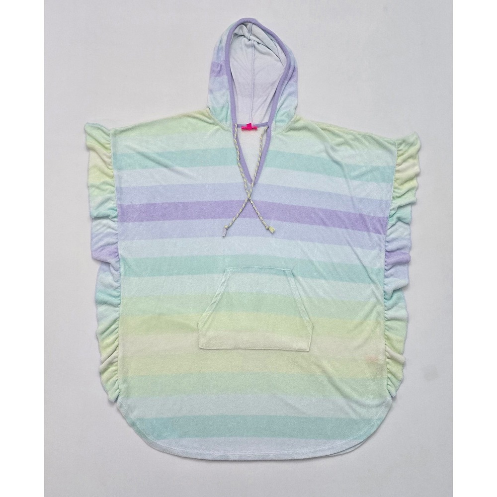 Betsey Johnson Pastel Rainbow Stripe Hooded Ruffle Poncho Cover Up ML